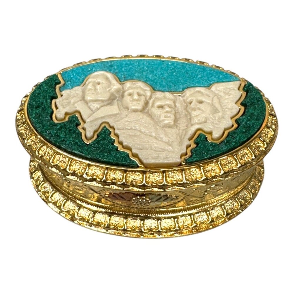 Black Hills Gold Mount Rushmore Oval Trinket Jewelry Box RARE Inlaid Gemstones